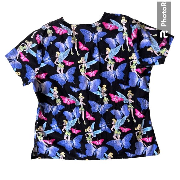 Disney Tinkerbell Scrub Top Medium  Blue Butterflies RN Nurse Vet Tech C… - Picture 7 of 12